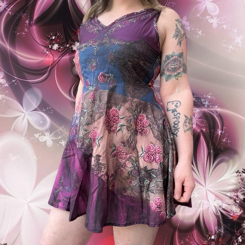 y2k style unbranded cyber fairycore grunge sublimated polysilk mini dress, sz sm